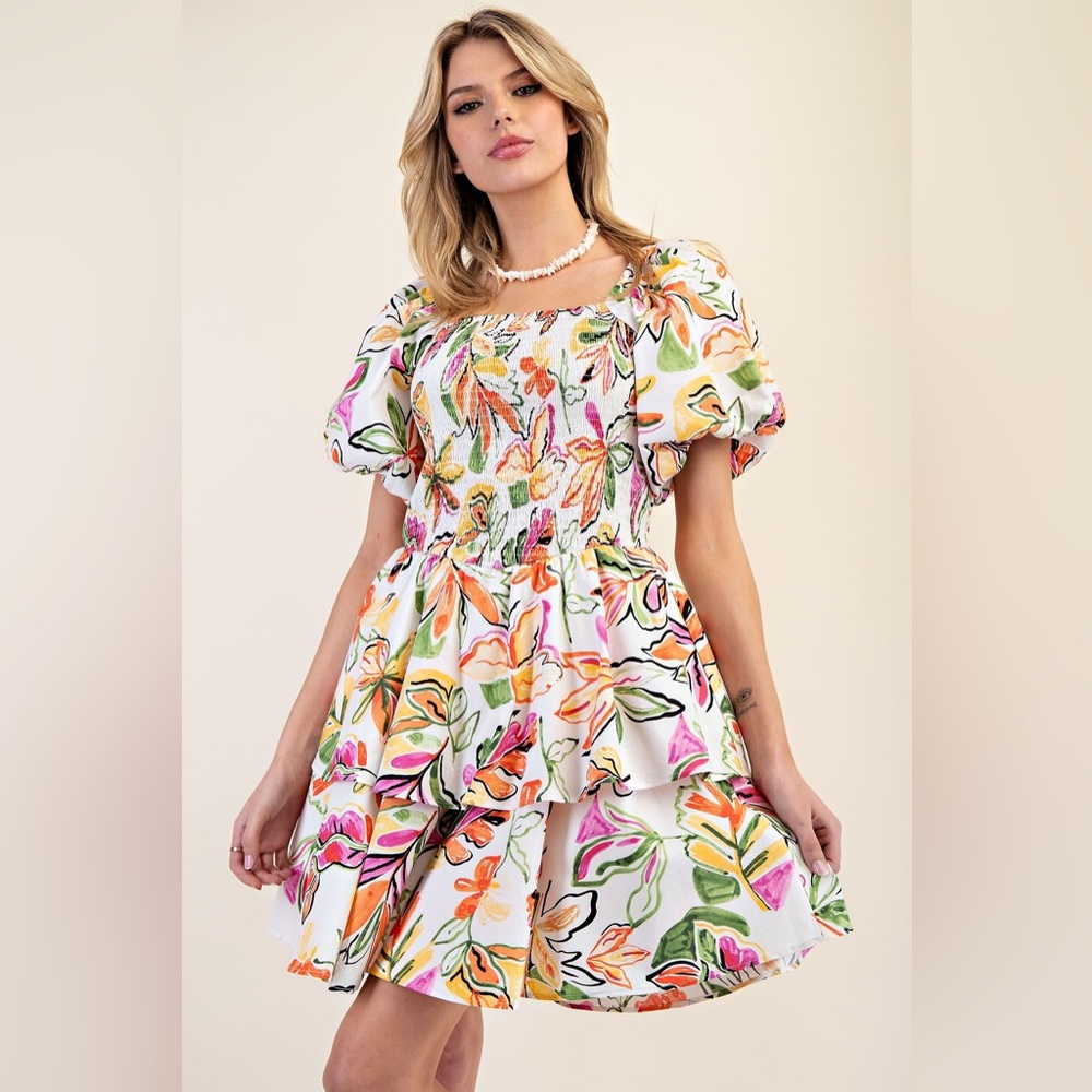 #85 easel White Floral Puff-Sleeve Smocked Top with Multicolor Print